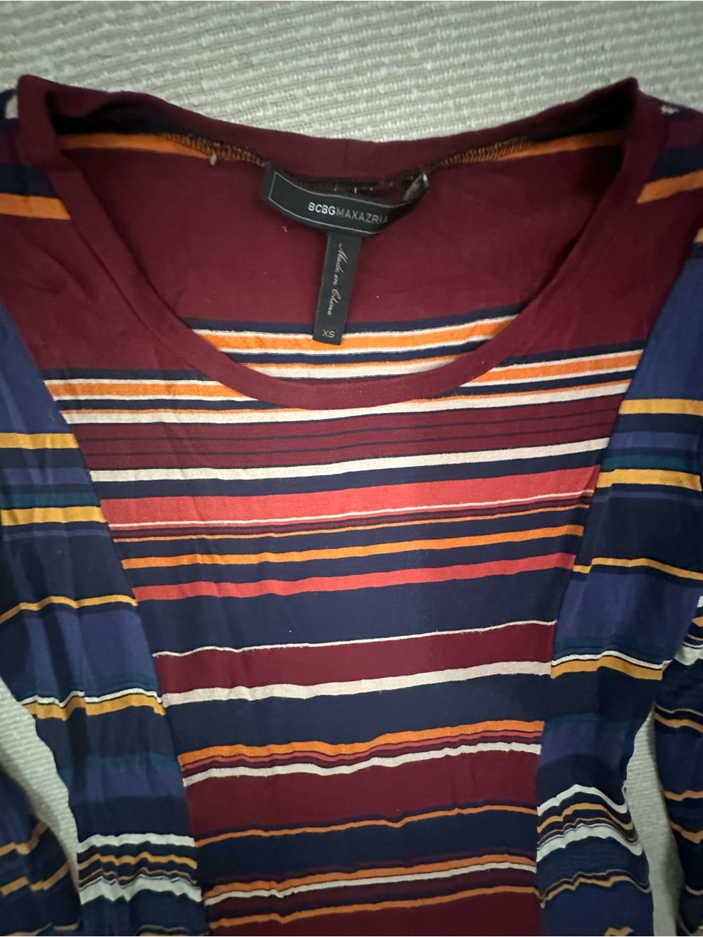 BCBG Striped Long Sleeve Mixed-Panel Top in Navy and Burgundy - Picture 3 of 5